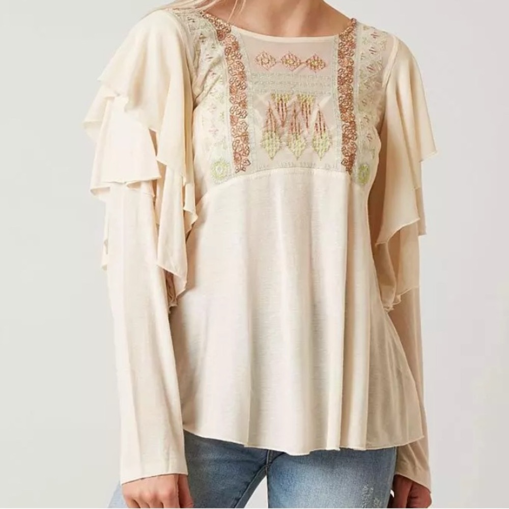 Free People La Cienga Beige Ruffle Long Sleeve Embroidered Tiered Cotton Top XS